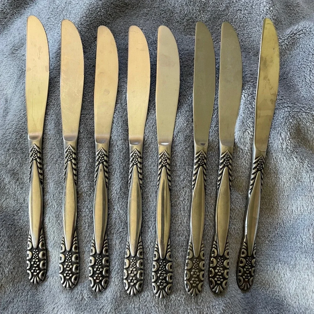Vintage Stainless Steel Floral Handle Serrated Dinner Knives - Set of 8 - Japan